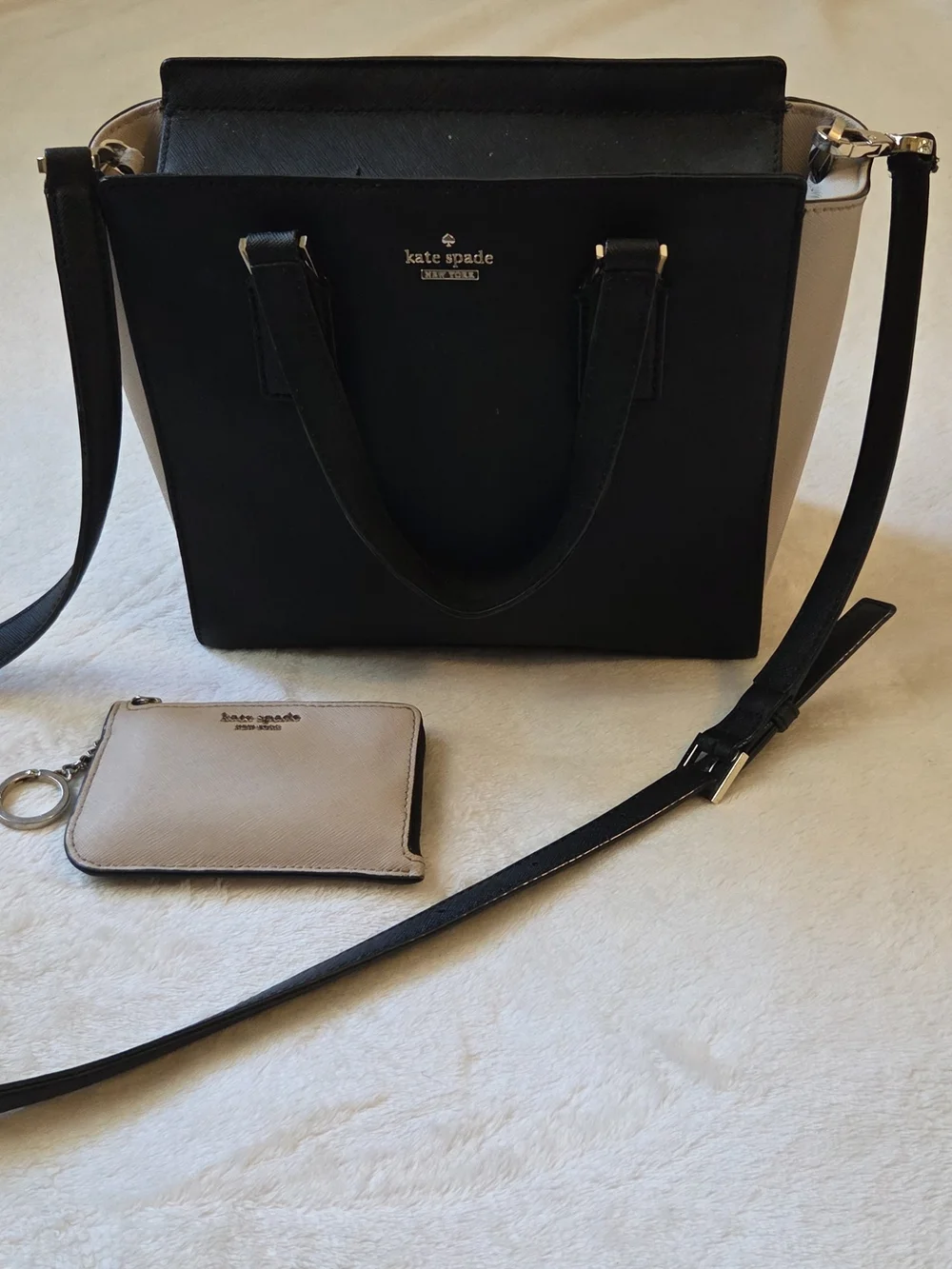 Kate Spade Black and Beige Crossbody Tote with Coin Pouch